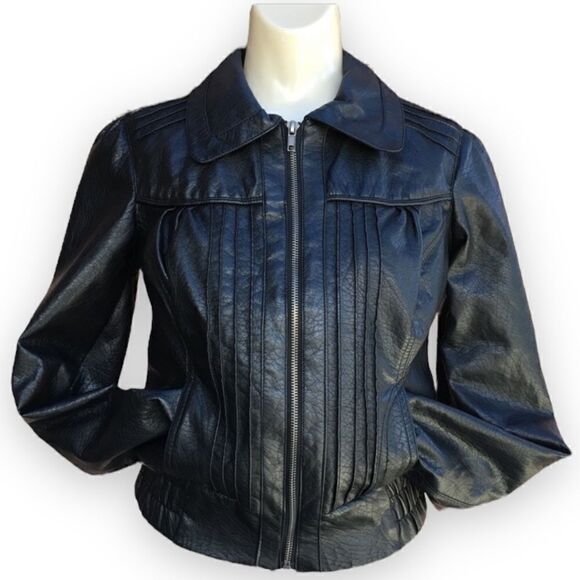 Windsor Vegan Faux Black Leather Pleated Moto Jacket - Picture 1 of 8